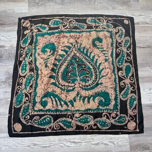Vintage Batik Scarf 37x37 Teal Black Paisley Boho Wrap